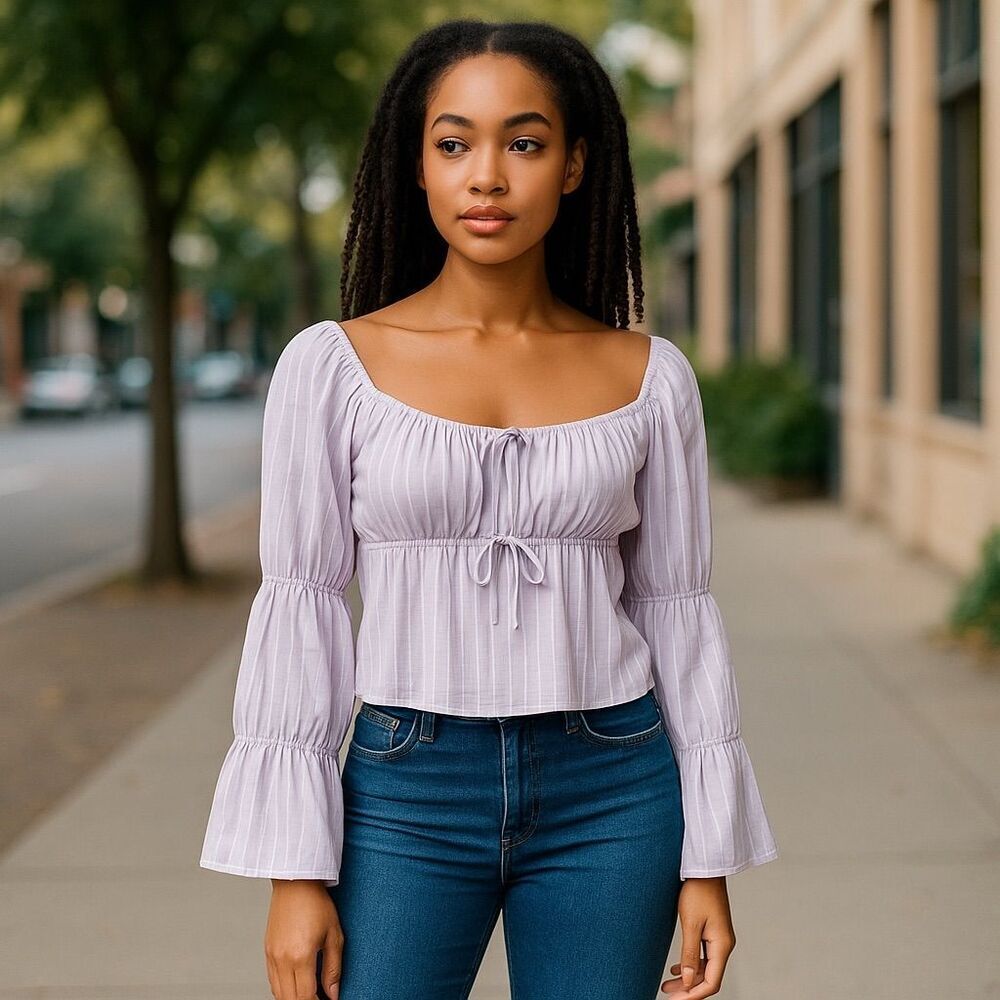 Square-Neck Lavender Peasant Blouse with Tie Front